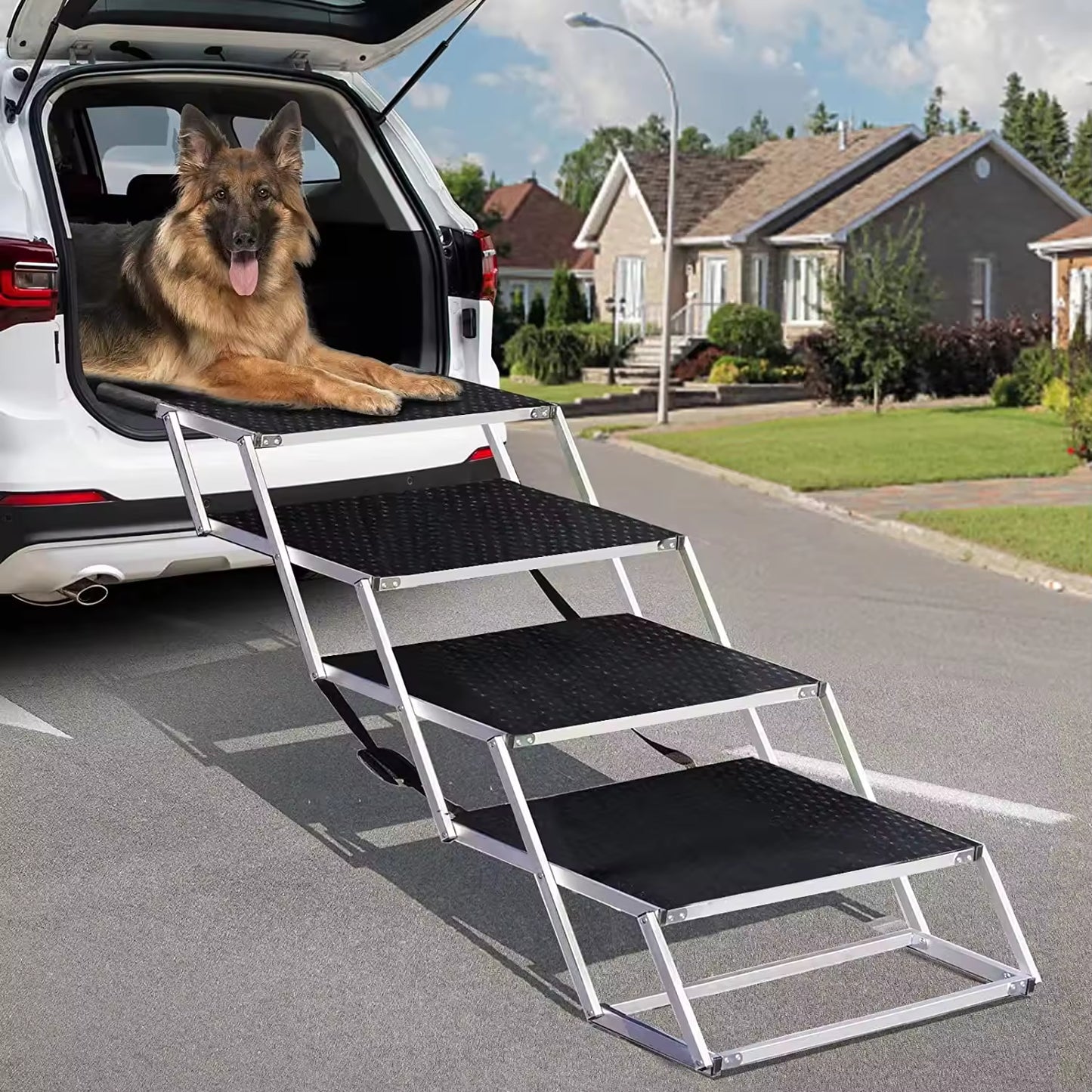 Portable Large Dog Car Ramp | Adjustable Aluminum Pet Ladder for Easy Access to Cars, Trucks & SUVs | Foldable, Non-Slip, Lightweight