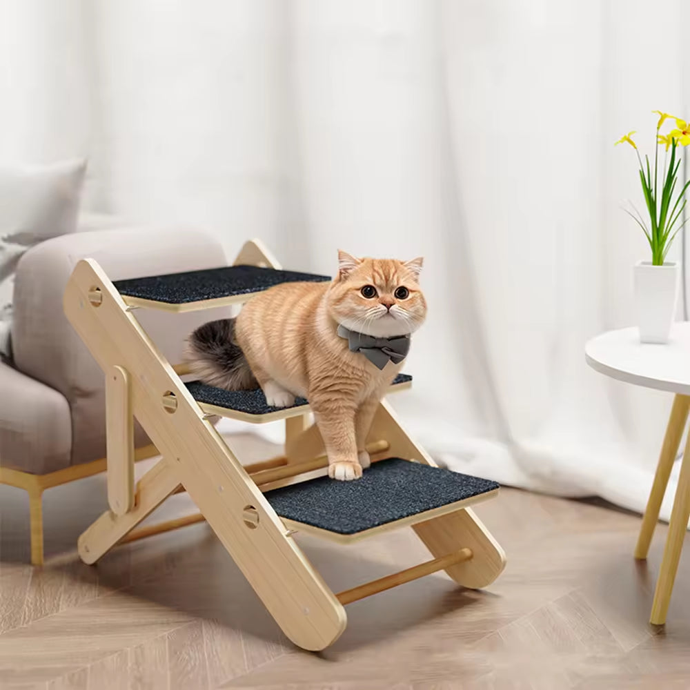 Adjustable & Foldable Wooden Pet Stairs – Durable, Scratch-Resistant 2-in-1 Cat & Dog Climber with Folding Design