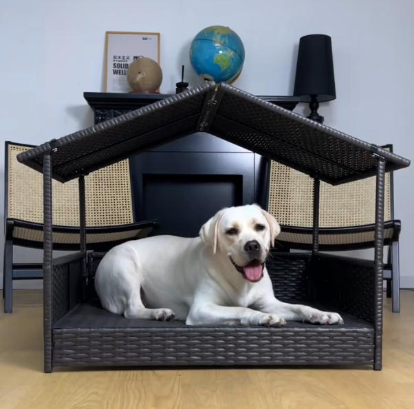 Stylish & Breathable Semi-Closed PE Rattan Dog House | Removable Roof & Elevated Design for Comfort and Cooling
