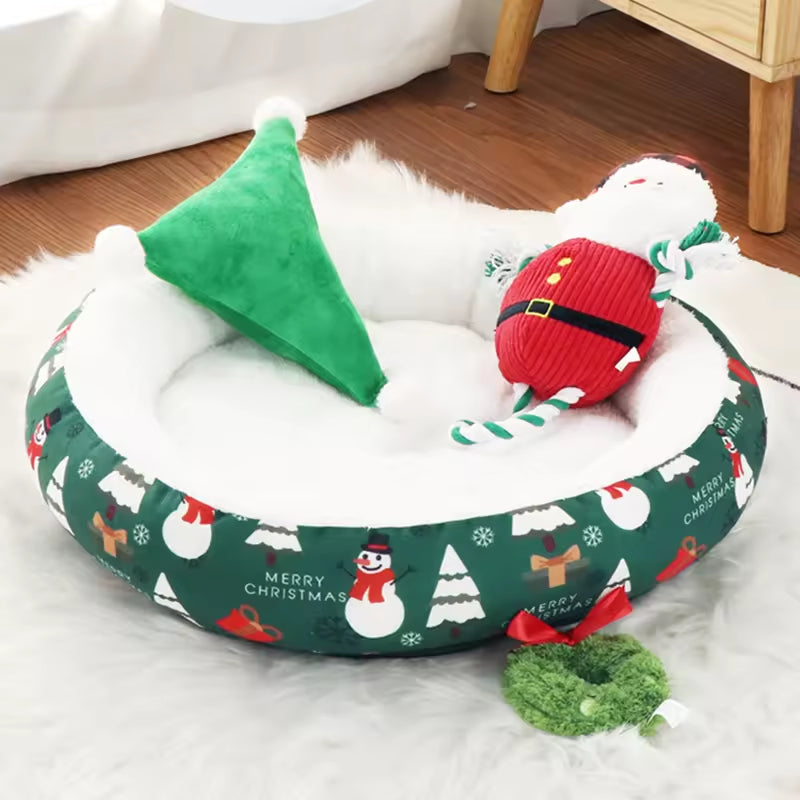 Christmas Pet Bed Round Nest | Warm Winter Dog & Cat Bed | Soft Plush Holiday Pet Cushion | Anti-Slip & Thickened Cozy Mat