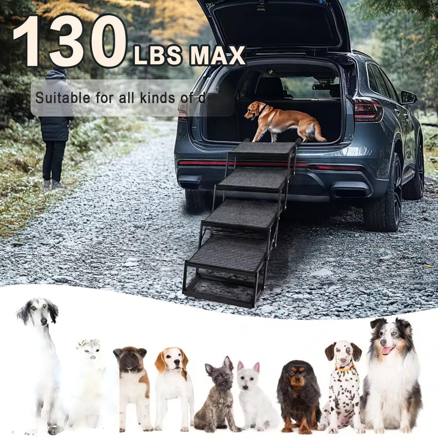Portable Foldable Dog Stairs for Cars | Non-Slip Felt Pet Ramp | Adjustable Height & Steel Wire Support