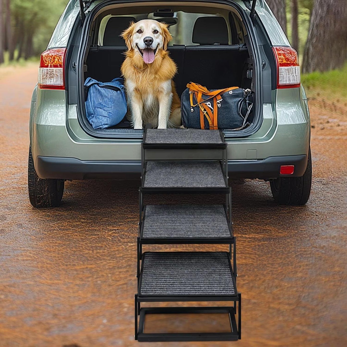 Portable Foldable Dog Stairs for Cars | Non-Slip Felt Pet Ramp | Adjustable Height & Steel Wire Support