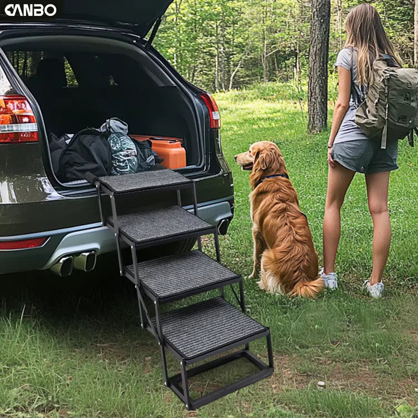Portable Foldable Dog Stairs for Cars | Non-Slip Felt Pet Ramp | Adjustable Height & Steel Wire Support