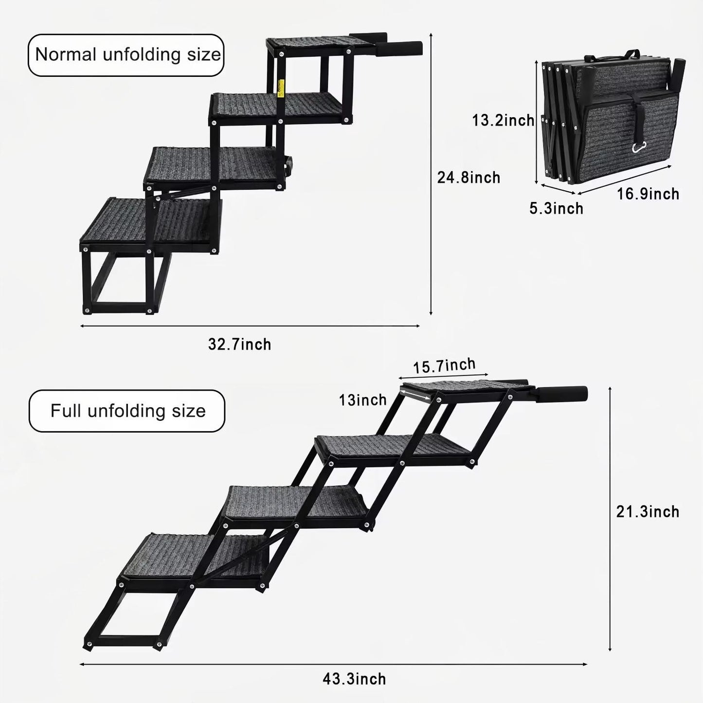 Portable Foldable Dog Stairs for Cars | Non-Slip Felt Pet Ramp | Adjustable Height & Steel Wire Support