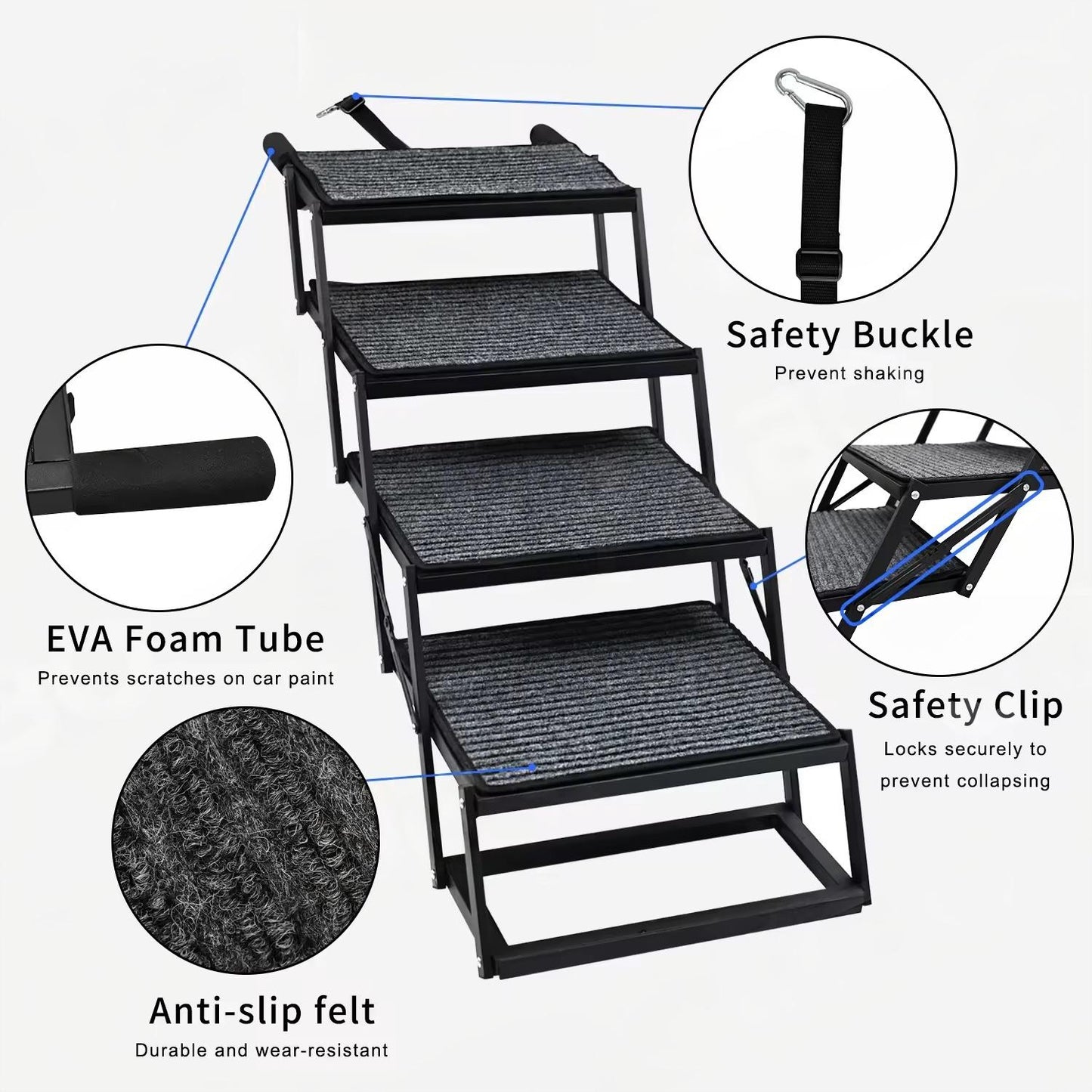 Portable Foldable Dog Stairs for Cars | Non-Slip Felt Pet Ramp | Adjustable Height & Steel Wire Support