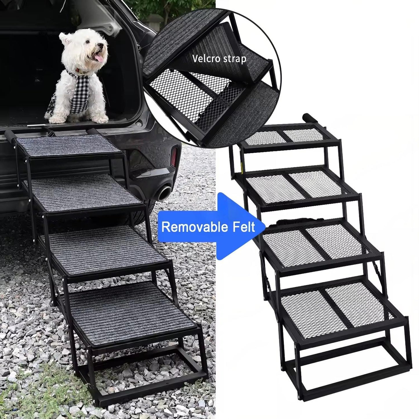 Portable Foldable Dog Stairs for Cars | Non-Slip Felt Pet Ramp | Adjustable Height & Steel Wire Support