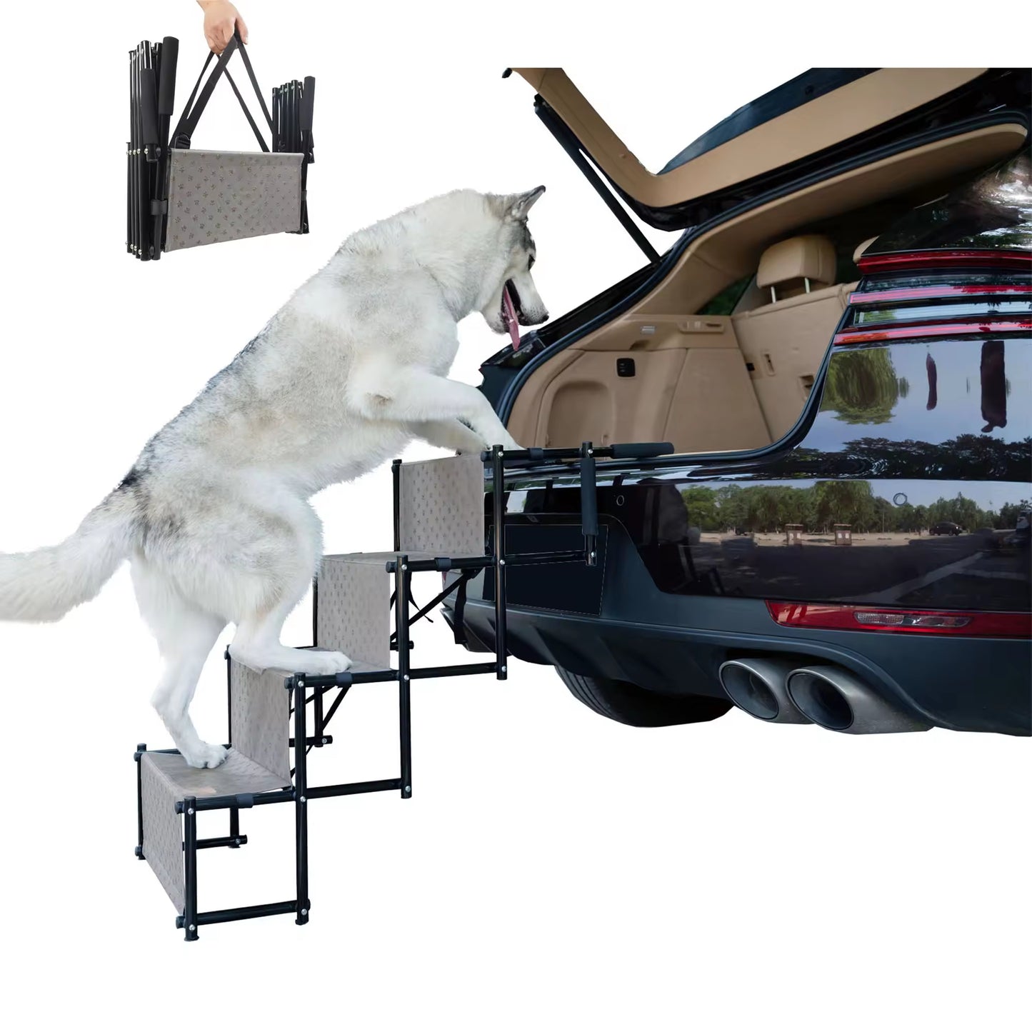 Heavy-Duty Folding Dog Stairs – Portable Pet Ramp Ladder for Cars, SUVs & Trucks | Metal Frame, Anti-Slip, Easy Storage