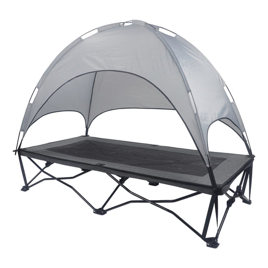 Outdoor Foldable Elevated Dog Bed with Sunshade Tent – Double-Layer Breathable Raised Pet Cot | Portable, Waterproof & Anti-Tear Dog Camping Bed for Medium & Large Dogs