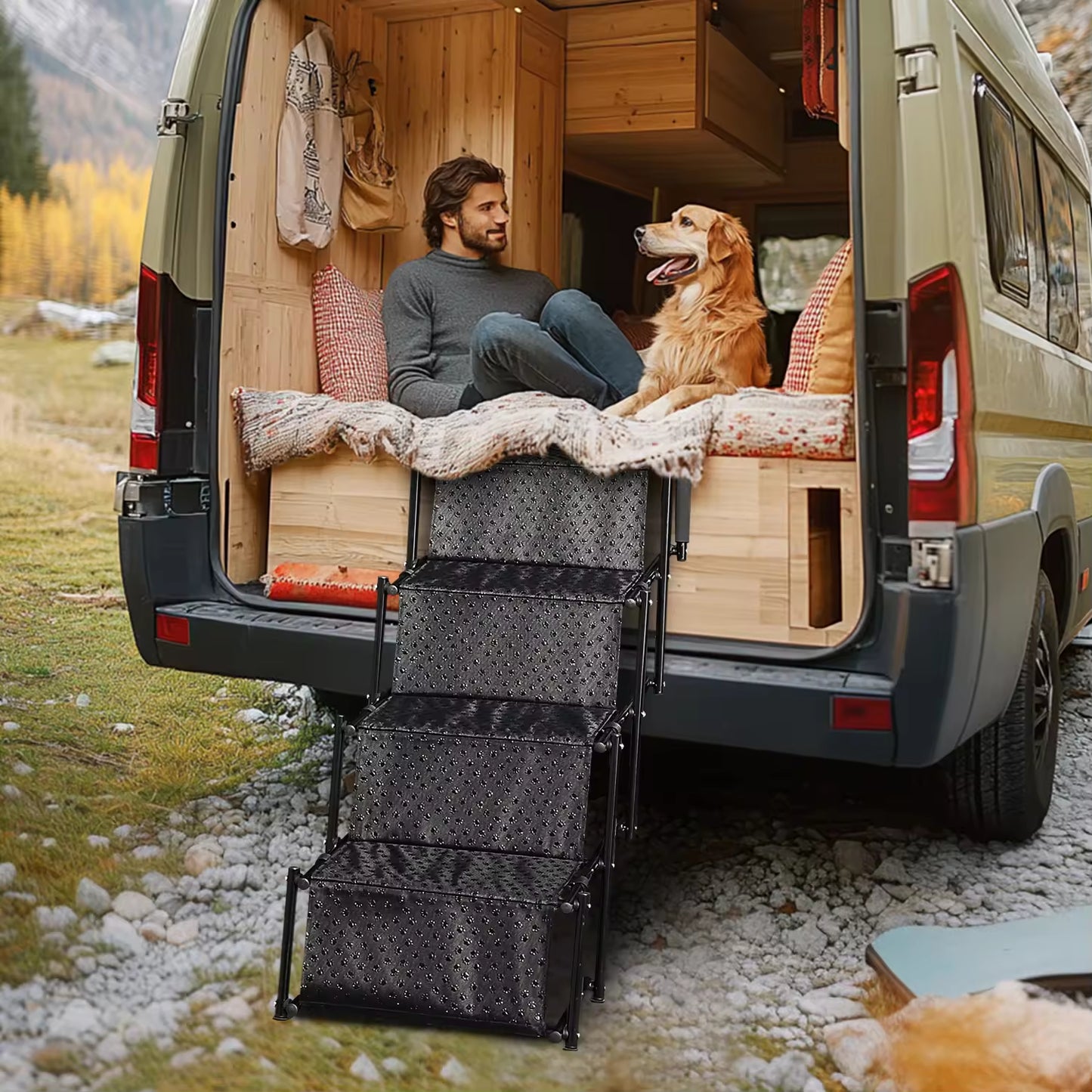 Heavy-Duty Folding Dog Stairs – Portable Pet Ramp Ladder for Cars, SUVs & Trucks | Metal Frame, Anti-Slip, Easy Storage