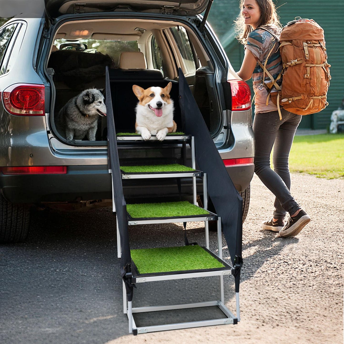 Heavy-Duty Outdoor Pet Ramp with Safety Handrails | Foldable Dog Car Ladder for Large & Medium Dogs – Non-Slip, Portable, Travel-Friendly