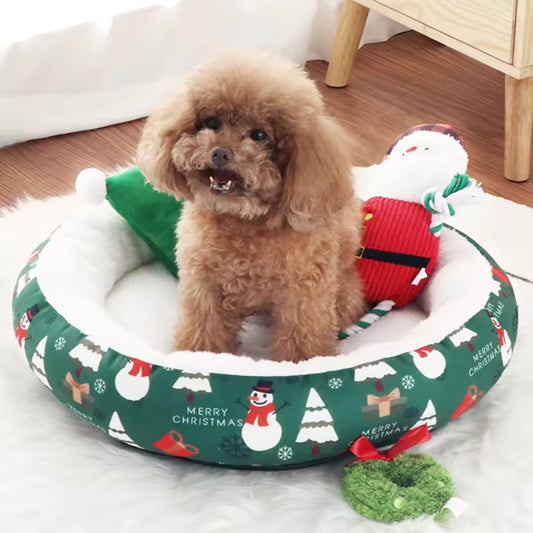Christmas Pet Bed Round Nest | Warm Winter Dog & Cat Bed | Soft Plush Holiday Pet Cushion | Anti-Slip & Thickened Cozy Mat