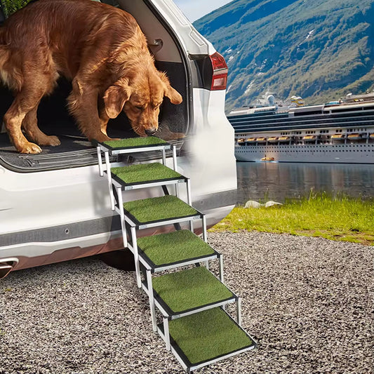 Adjustable Pet Dog Ladder Ramp for Large Dogs | Artificial Turf, Non-Slip Steps, Portable, and Foldable for Cars, SUVs, and Trucks