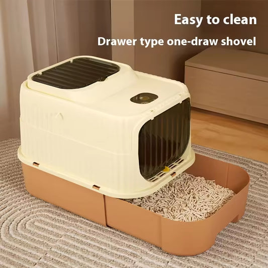 Semi enclosed cat litter tray in orange color durable PP material