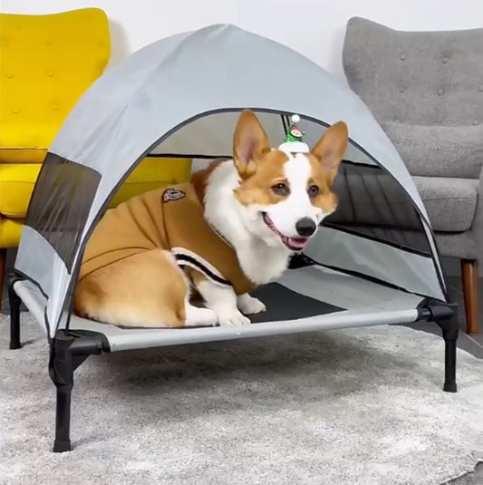 Outdoor Elevated Dog Bed with Sunshade Canopy – Waterproof, Anti-Moisture Tent Dog Bed for Spring &amp; Summer | Raised Pet Cot for Large Dogs, Travel &amp; Camping