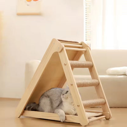 Durable Solid Wood Cat Scratcher & Bed Combo | Foldable Cat Climbing Frame with Sisal Mat | Space-Saving Cat Tree & Play Tower for Cats