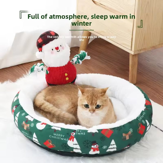 Christmas Pet Bed Round Nest | Warm Winter Dog & Cat Bed | Soft Plush Holiday Pet Cushion | Anti-Slip & Thickened Cozy Mat
