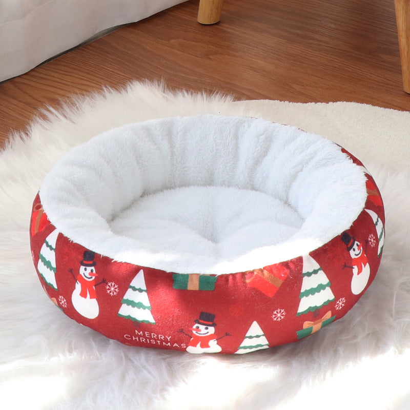 Christmas Pet Bed Round Nest | Warm Winter Dog & Cat Bed | Soft Plush Holiday Pet Cushion | Anti-Slip & Thickened Cozy Mat