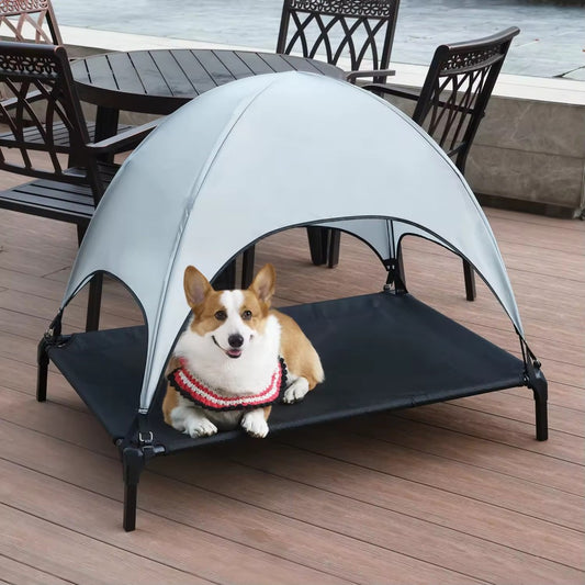 Elevated Outdoor Dog Tent Bed with Shade Canopy | Foldable Cooling Pet Cot for Medium & Large Dogs | Breathable & Durable Camping Pet Lounger