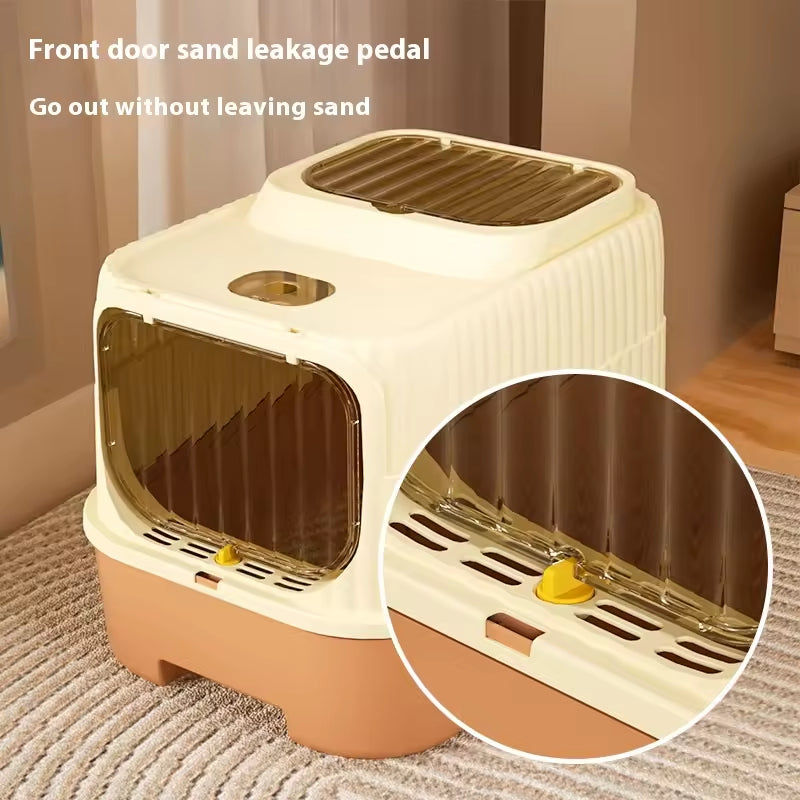 Covered cat litter box with top entry to prevent litters 