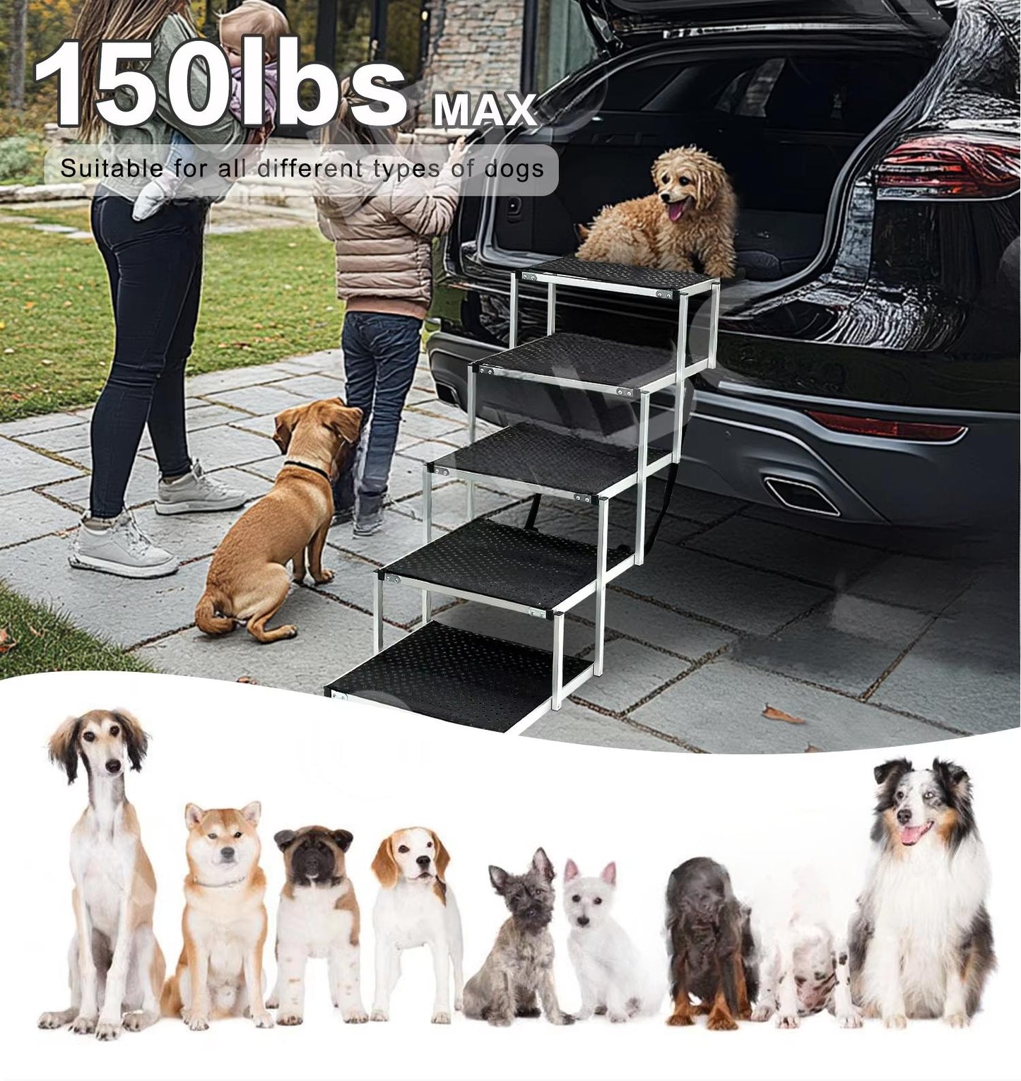 Customizable Wide Aluminum Folding Dog Ramp | Adjustable Pet Ladder for Cars, SUVs, Trucks | Large Dog Stairs with Non-Slip Surface for Easy Access