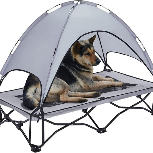 Outdoor Foldable Elevated Dog Bed with Sunshade Tent – Double-Layer Breathable Raised Pet Cot | Portable, Waterproof & Anti-Tear Dog Camping Bed for Medium & Large Dogs