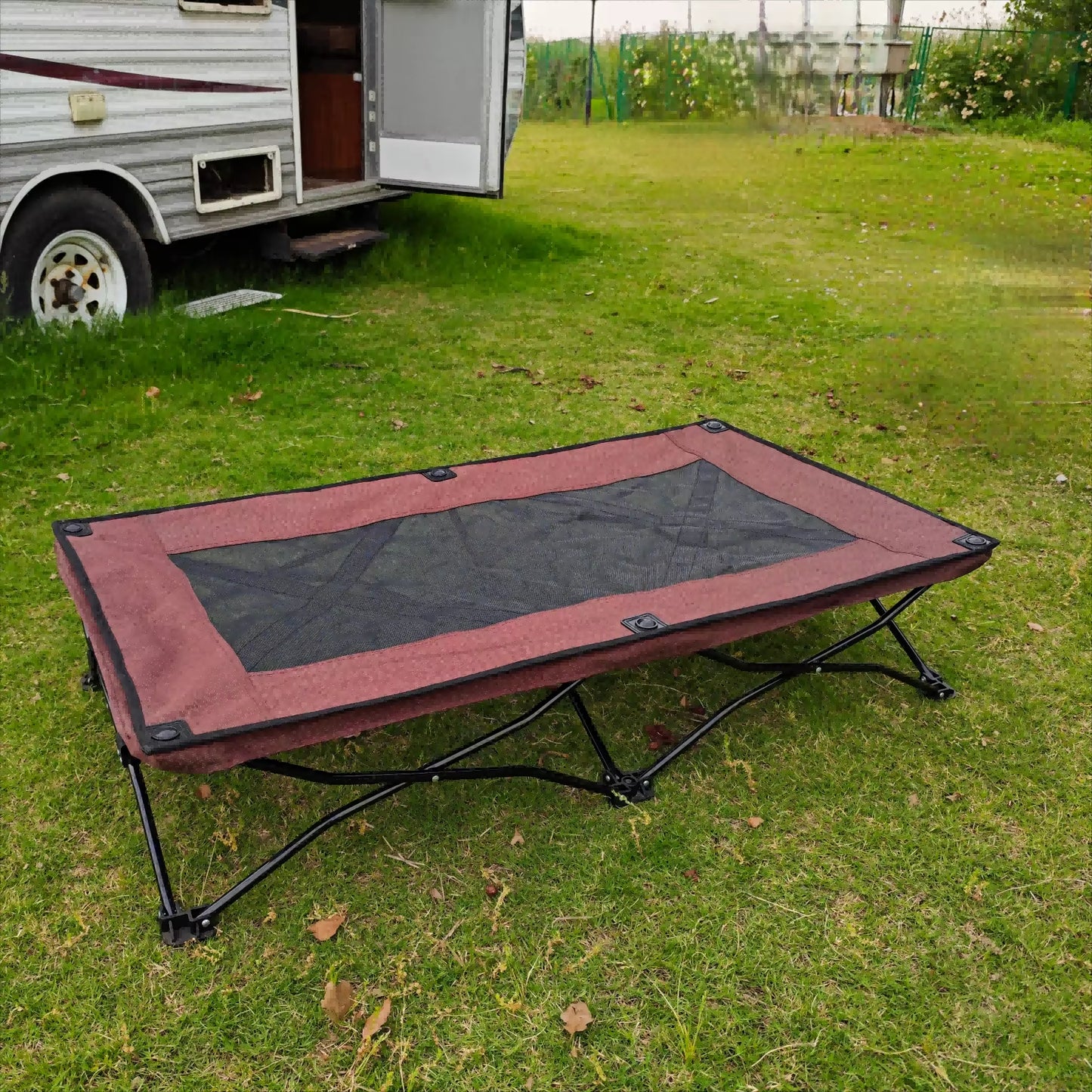 All-Season Elevated Dog Camping Bed | Foldable Breathable Outdoor Pet Cot with Teslin Mesh & Oxford Fabric for Large Dogs