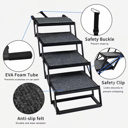 Portable Foldable Dog Stairs for Cars | Non-Slip Felt Pet Ramp | Adjustable Height & Steel Wire Support