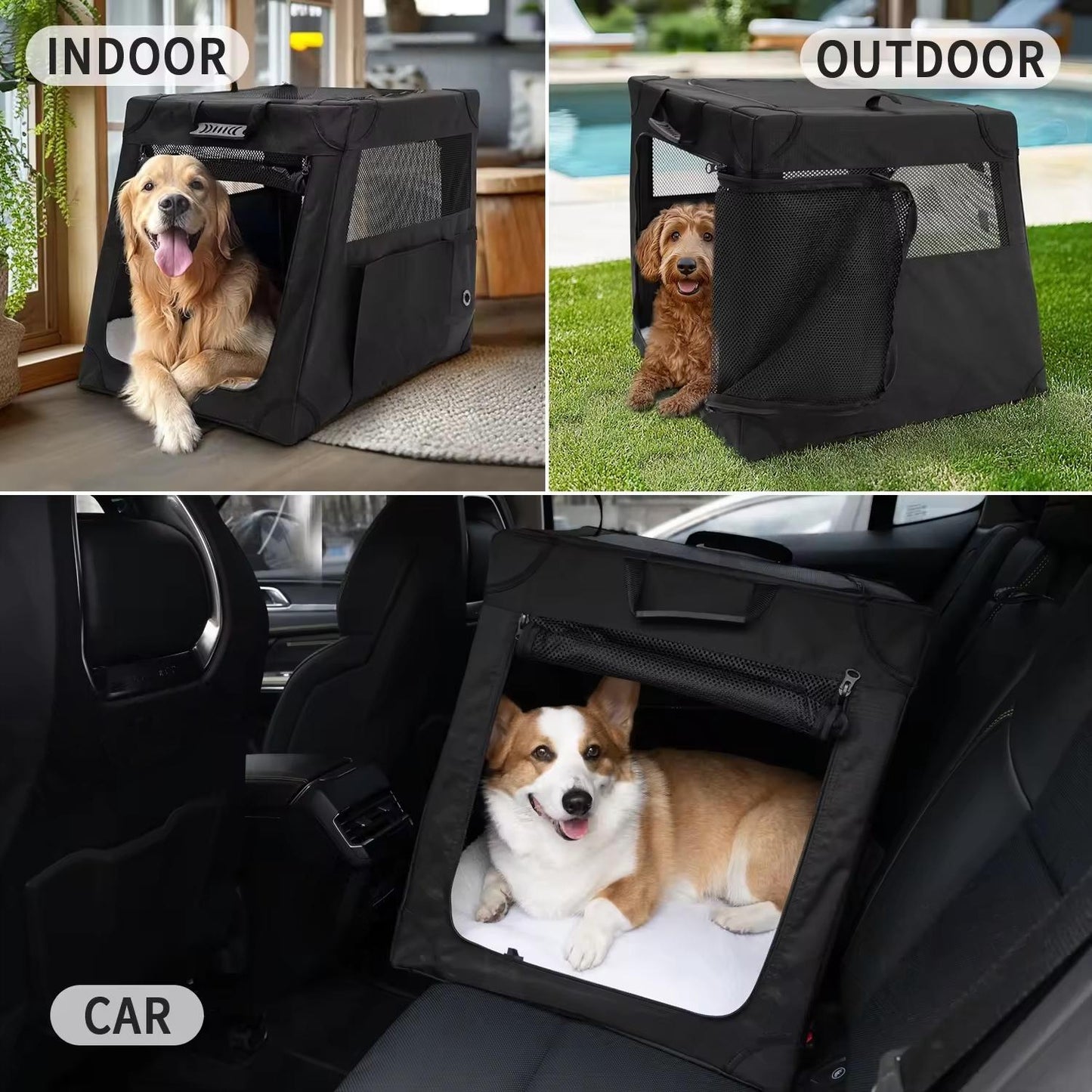 Foldable Car Dog Carrier | Breathable Travel Pet House for Small & Medium Dogs | Portable Indoor Outdoor Pet Crate with Soft Mat