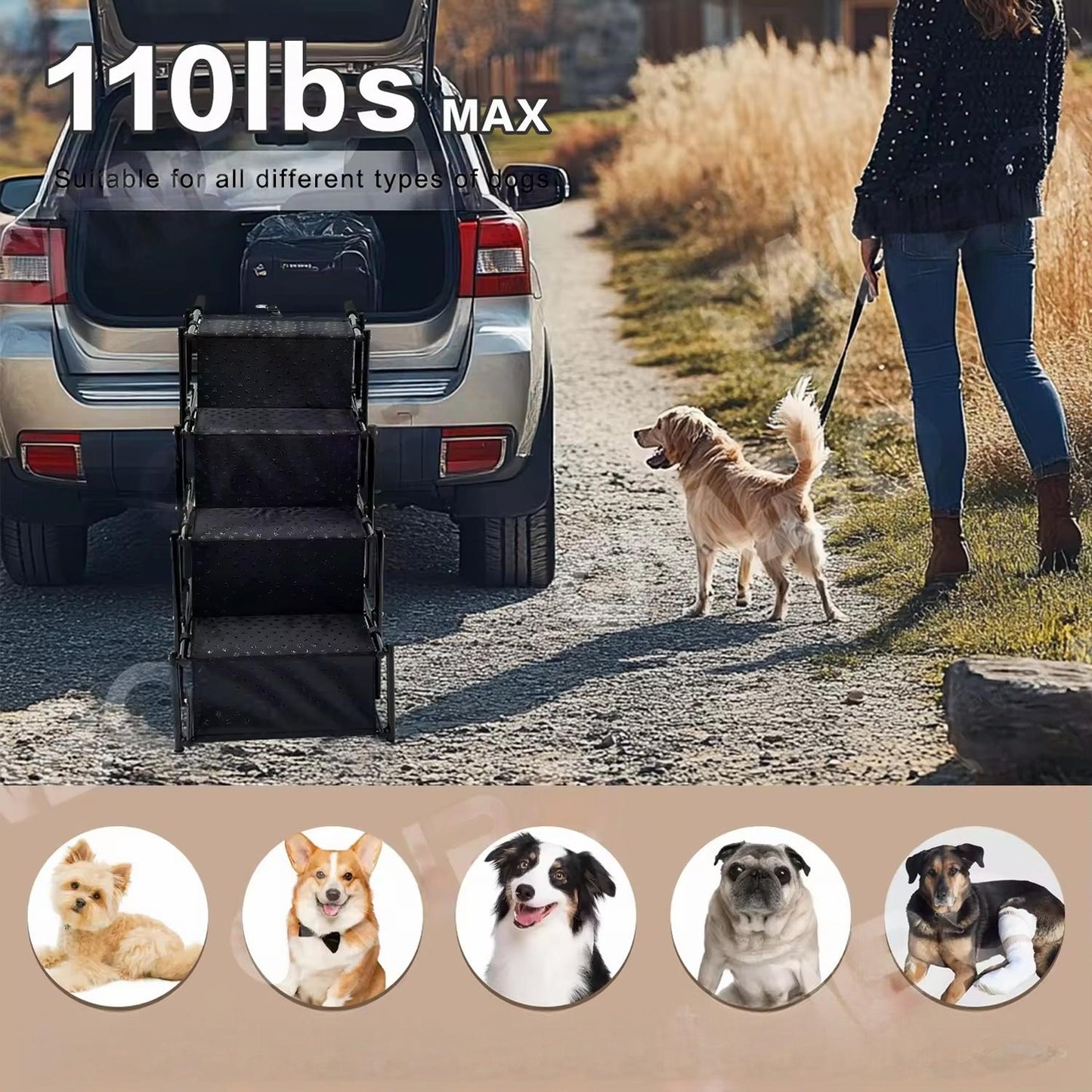 Heavy-Duty Folding Dog Stairs – Portable Pet Ramp Ladder for Cars, SUVs & Trucks | Metal Frame, Anti-Slip, Easy Storage