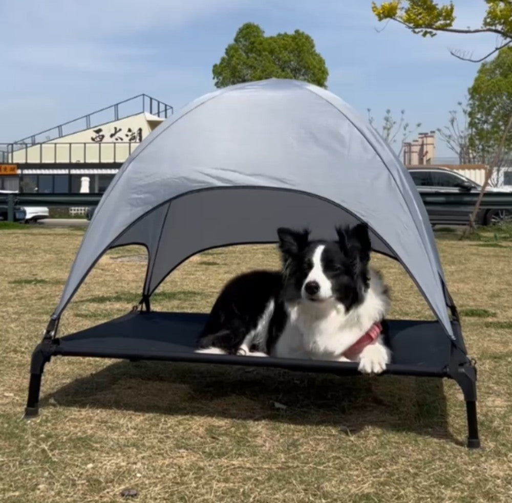 Elevated Outdoor Dog Tent Bed with Shade Canopy | Foldable Cooling Pet Cot for Medium & Large Dogs | Breathable & Durable Camping Pet Lounger