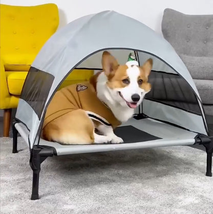 Outdoor Elevated Dog Bed with Sunshade Canopy – Waterproof, Anti-Moisture Tent Dog Bed for Spring &amp; Summer | Raised Pet Cot for Large Dogs, Travel &amp; Camping