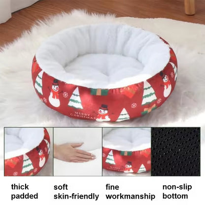 Christmas Pet Bed Round Nest | Warm Winter Dog & Cat Bed | Soft Plush Holiday Pet Cushion | Anti-Slip & Thickened Cozy Mat