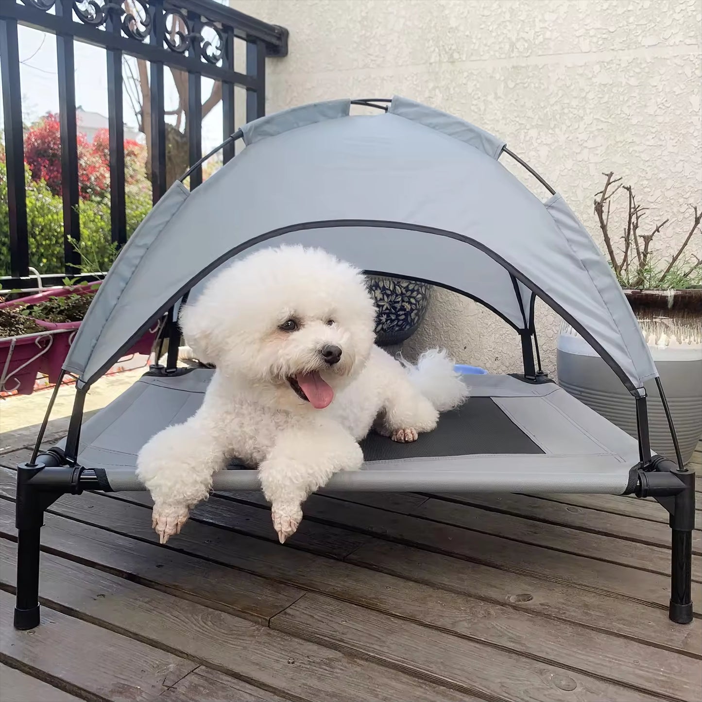 Outdoor Elevated Pet Bed with Removable Sunshade & Tent Top – Waterproof Oxford Fabric for Dogs | Portable, Durable & Comfortable