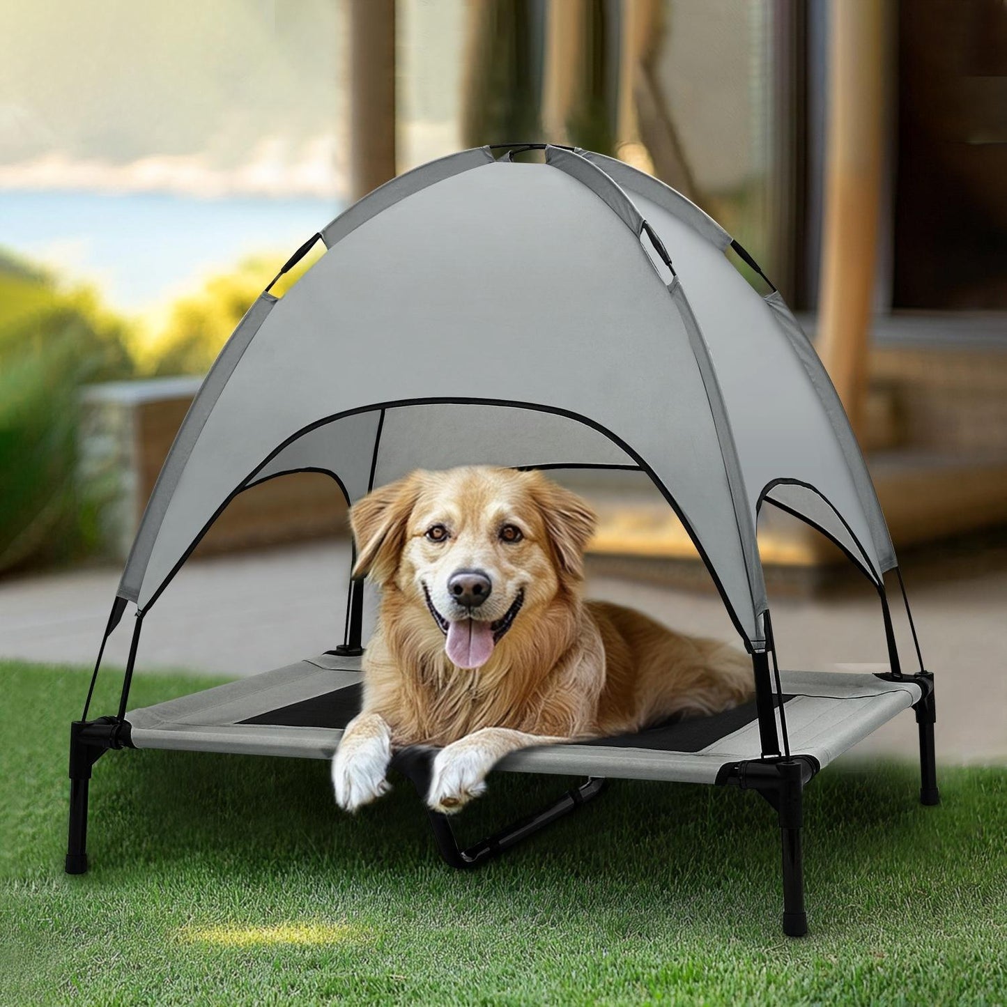 Outdoor Elevated Pet Bed with Removable Sunshade & Tent Top – Waterproof Oxford Fabric for Dogs | Portable, Durable & Comfortable
