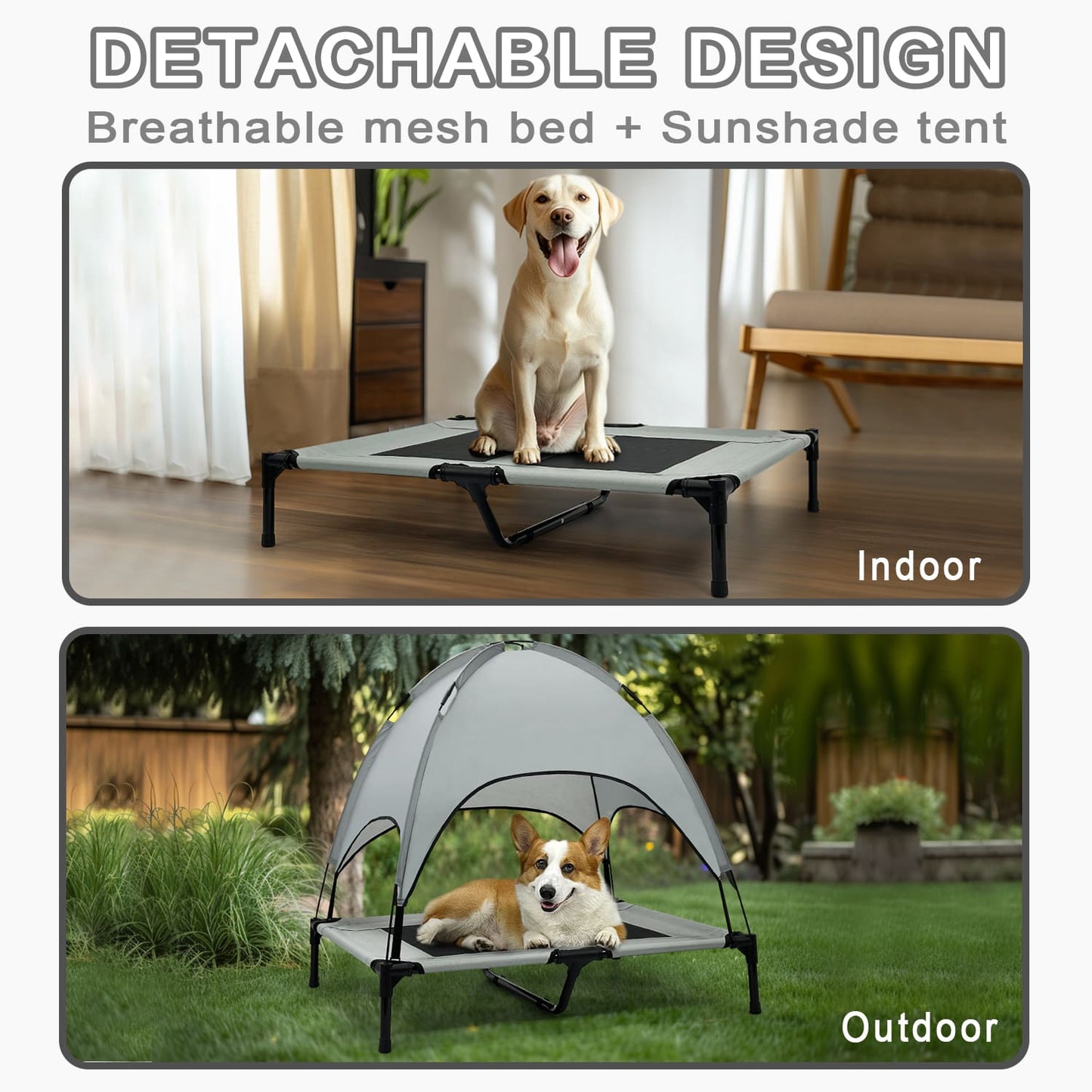 Outdoor Elevated Pet Bed with Removable Sunshade & Tent Top – Waterproof Oxford Fabric for Dogs | Portable, Durable & Comfortable