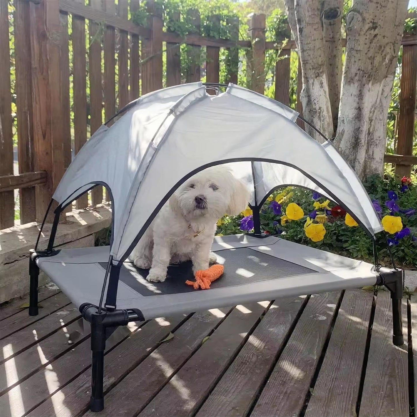 Outdoor Elevated Pet Bed with Removable Sunshade & Tent Top – Waterproof Oxford Fabric for Dogs | Portable, Durable & Comfortable