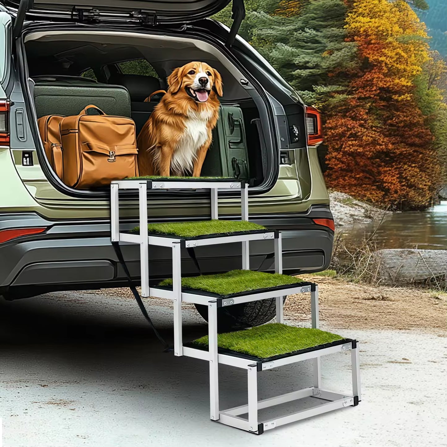 Heavy-Duty Outdoor Pet Ladder | Non-Slip Artificial Grass Stairs for Cars, Trucks & SUVs | Foldable, Portable & Sturdy Dog Ramp