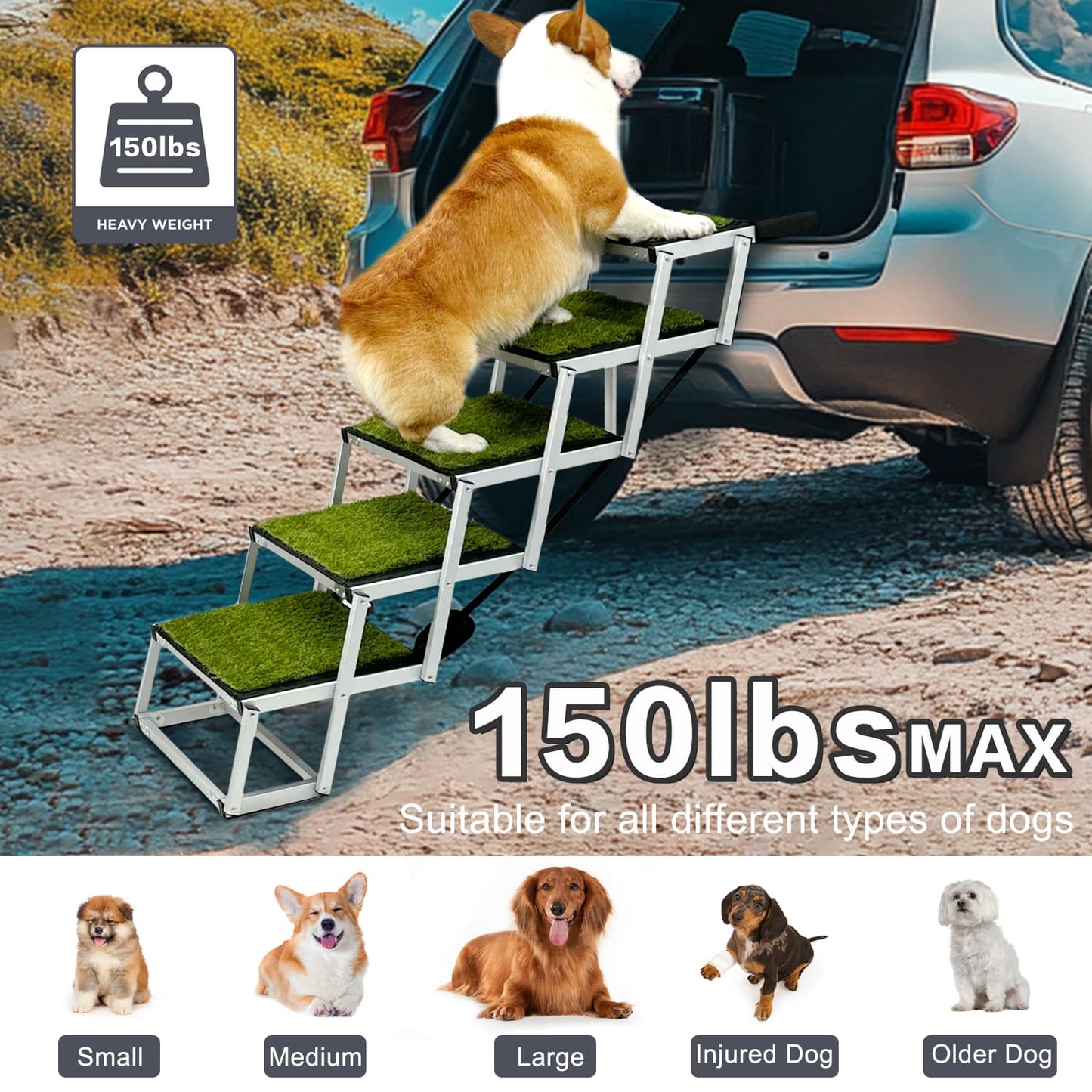 Heavy-Duty Outdoor Pet Ladder | Non-Slip Artificial Grass Stairs for Cars, Trucks & SUVs | Foldable, Portable & Sturdy Dog Ramp