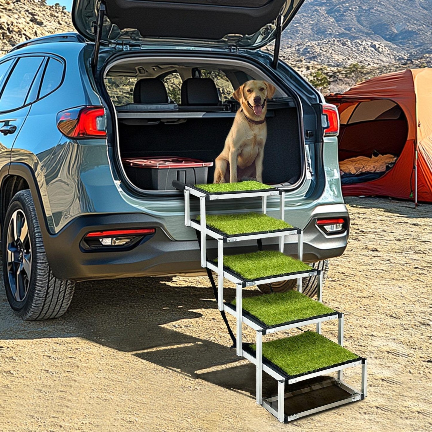 Adjustable Pet Dog Ladder Ramp for Large Dogs | Artificial Turf, Non-Slip Steps, Portable, and Foldable for Cars, SUVs, and Trucks