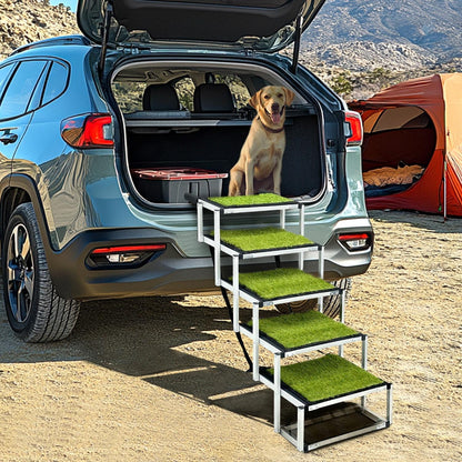 Adjustable Pet Dog Ladder Ramp for Large Dogs | Artificial Turf, Non-Slip Steps, Portable, and Foldable for Cars, SUVs, and Trucks