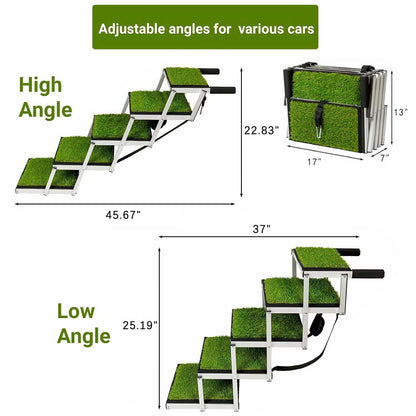 Adjustable Pet Dog Ladder Ramp for Large Dogs | Artificial Turf, Non-Slip Steps, Portable, and Foldable for Cars, SUVs, and Trucks