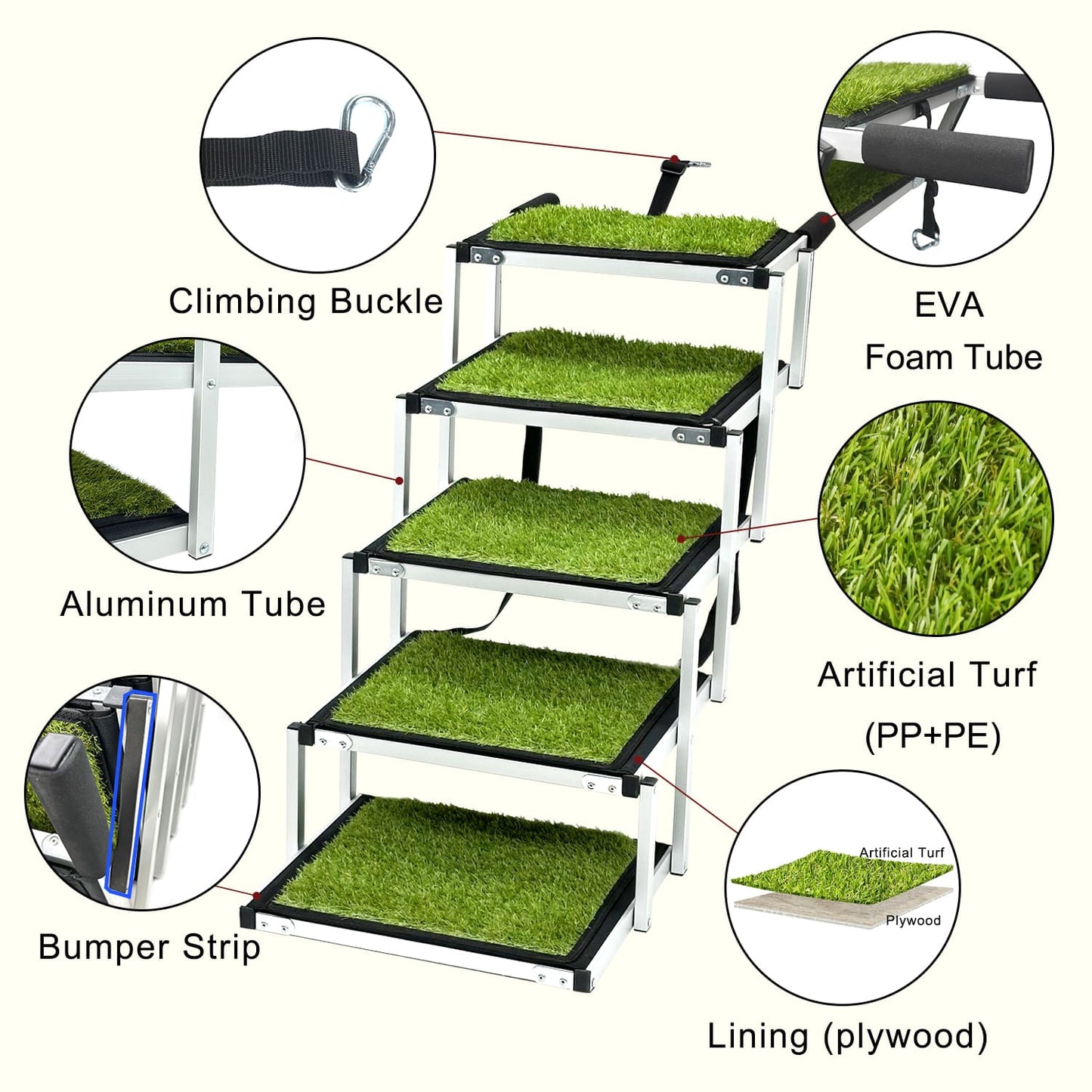Adjustable Pet Dog Ladder Ramp for Large Dogs | Artificial Turf, Non-Slip Steps, Portable, and Foldable for Cars, SUVs, and Trucks