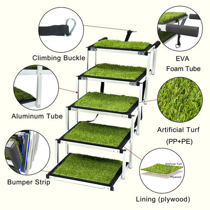 Adjustable Pet Dog Ladder Ramp for Large Dogs | Artificial Turf, Non-Slip Steps, Portable, and Foldable for Cars, SUVs, and Trucks