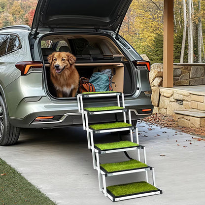 Adjustable Pet Dog Ladder Ramp for Large Dogs | Artificial Turf, Non-Slip Steps, Portable, and Foldable for Cars, SUVs, and Trucks