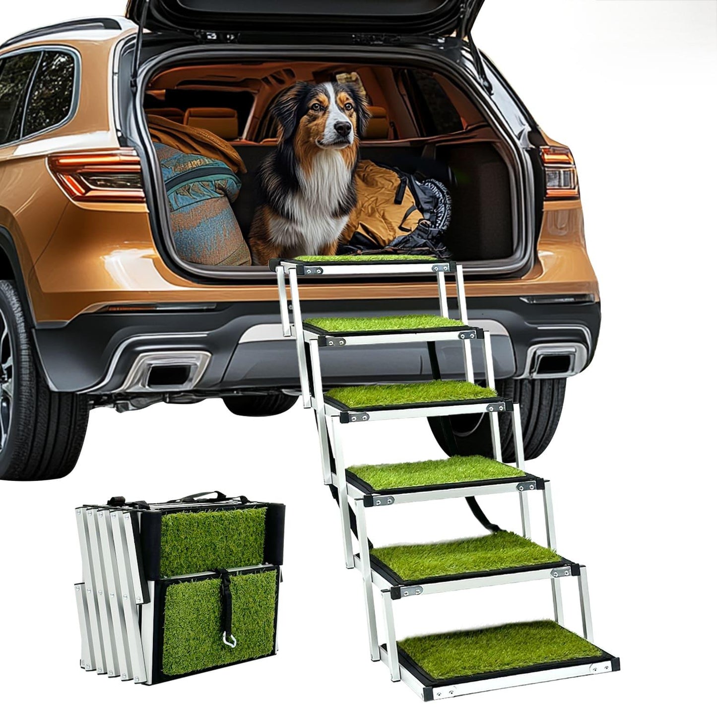 Adjustable Pet Dog Ladder Ramp for Large Dogs | Artificial Turf, Non-Slip Steps, Portable, and Foldable for Cars, SUVs, and Trucks