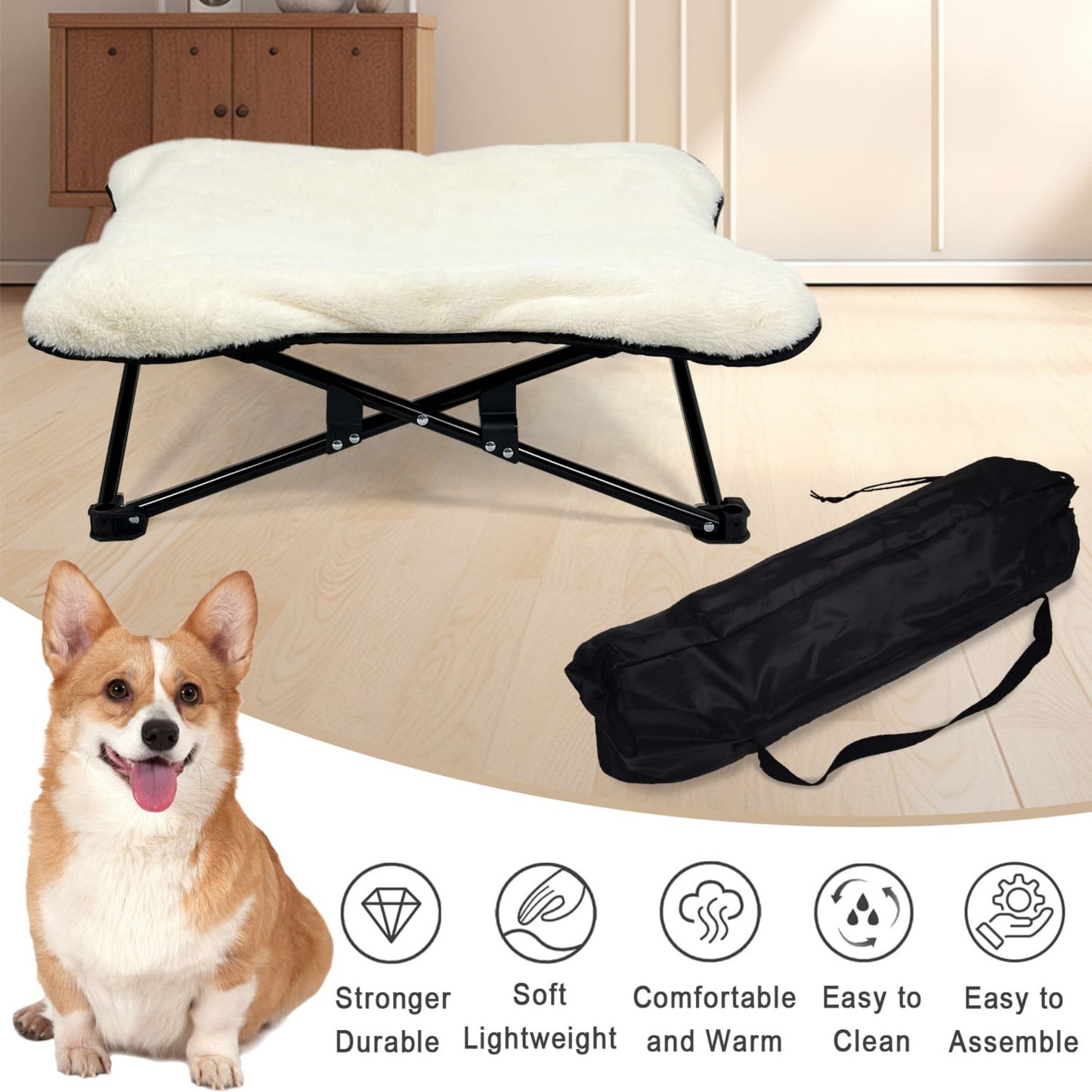 Winter Cozy Elevated Dog Bed | Portable & Foldable Plush Pet Bed | Removable & Washable for Small & Medium Dogs