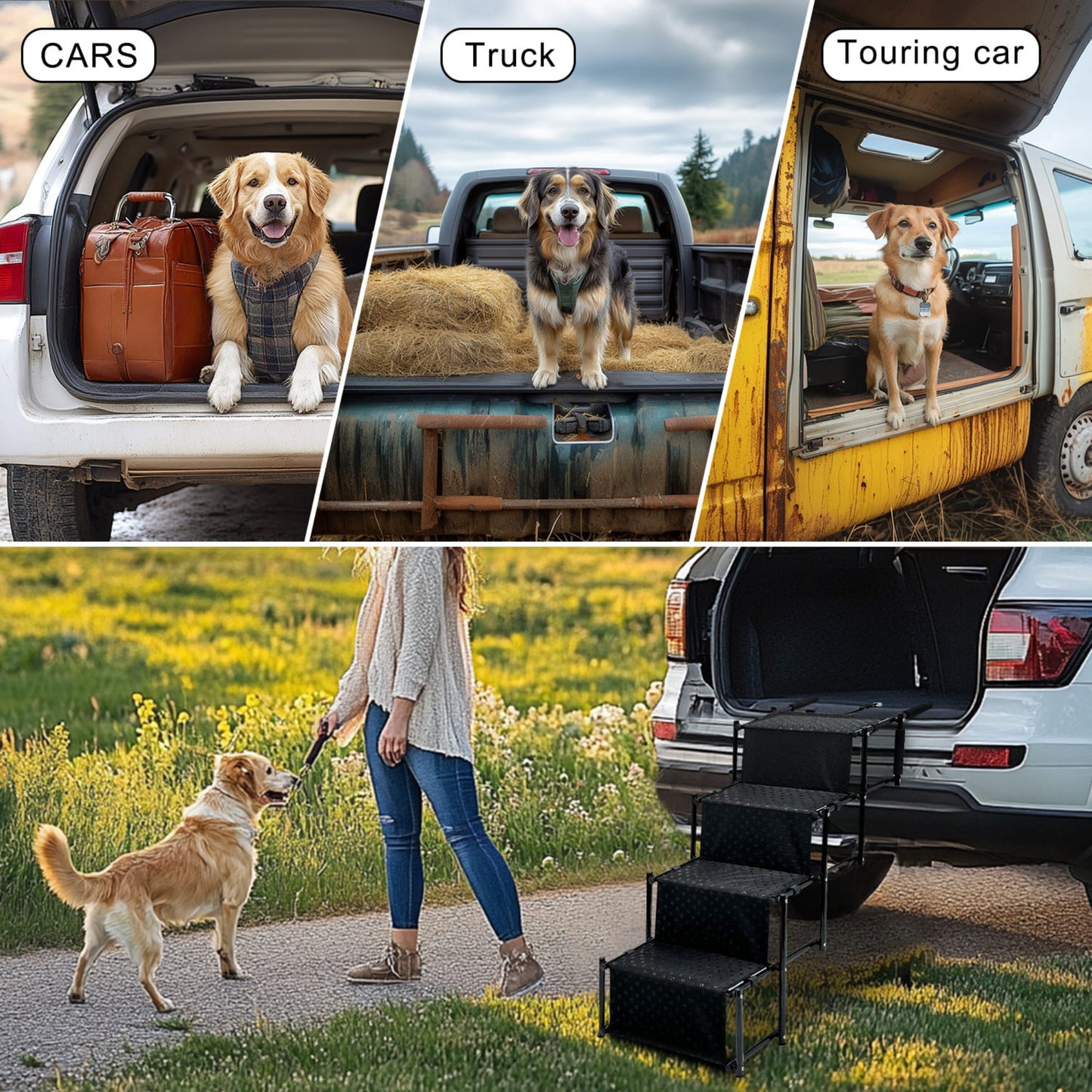 Portable & Foldable Dog Stairs for Cars | Non-Slip Aluminum Pet Ramp | Heavy Duty SUV & Truck Pet Ladder