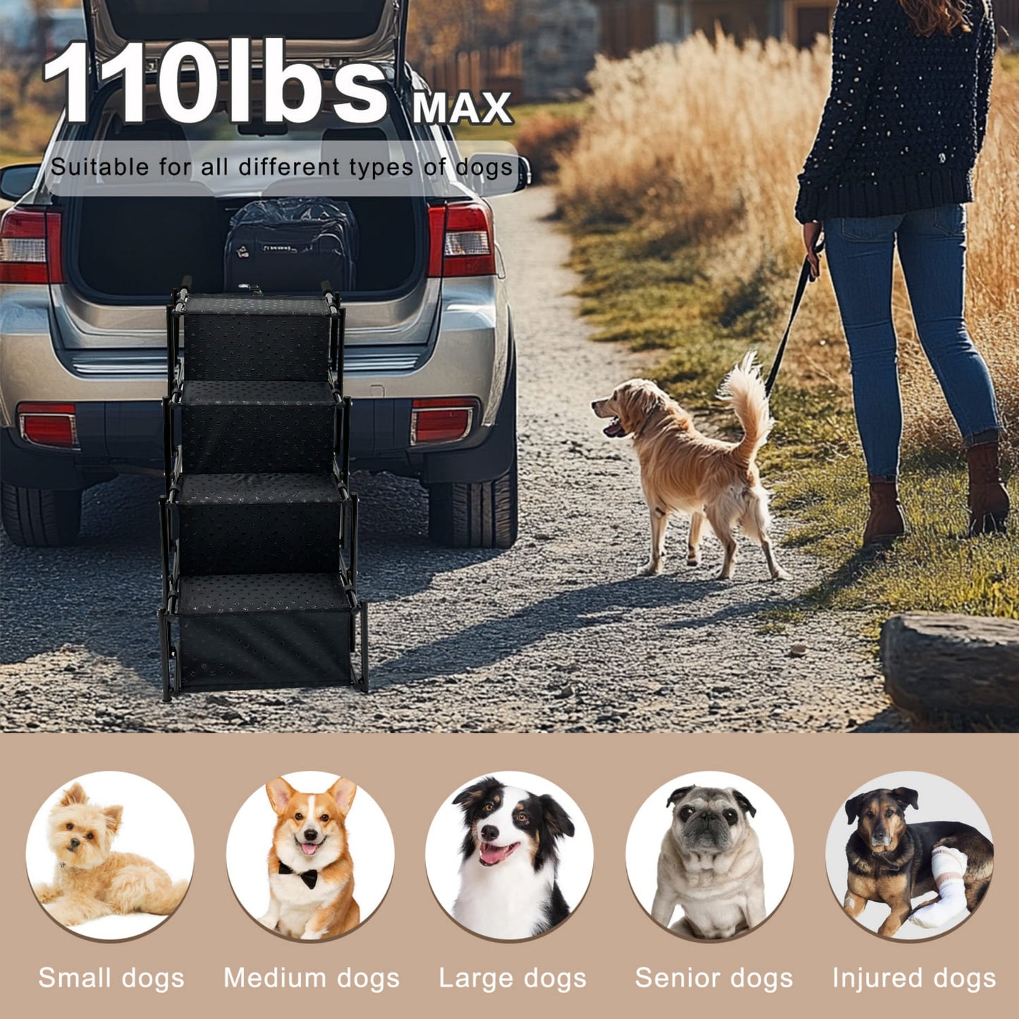 Portable & Foldable Dog Stairs for Cars | Non-Slip Aluminum Pet Ramp | Heavy Duty SUV & Truck Pet Ladder