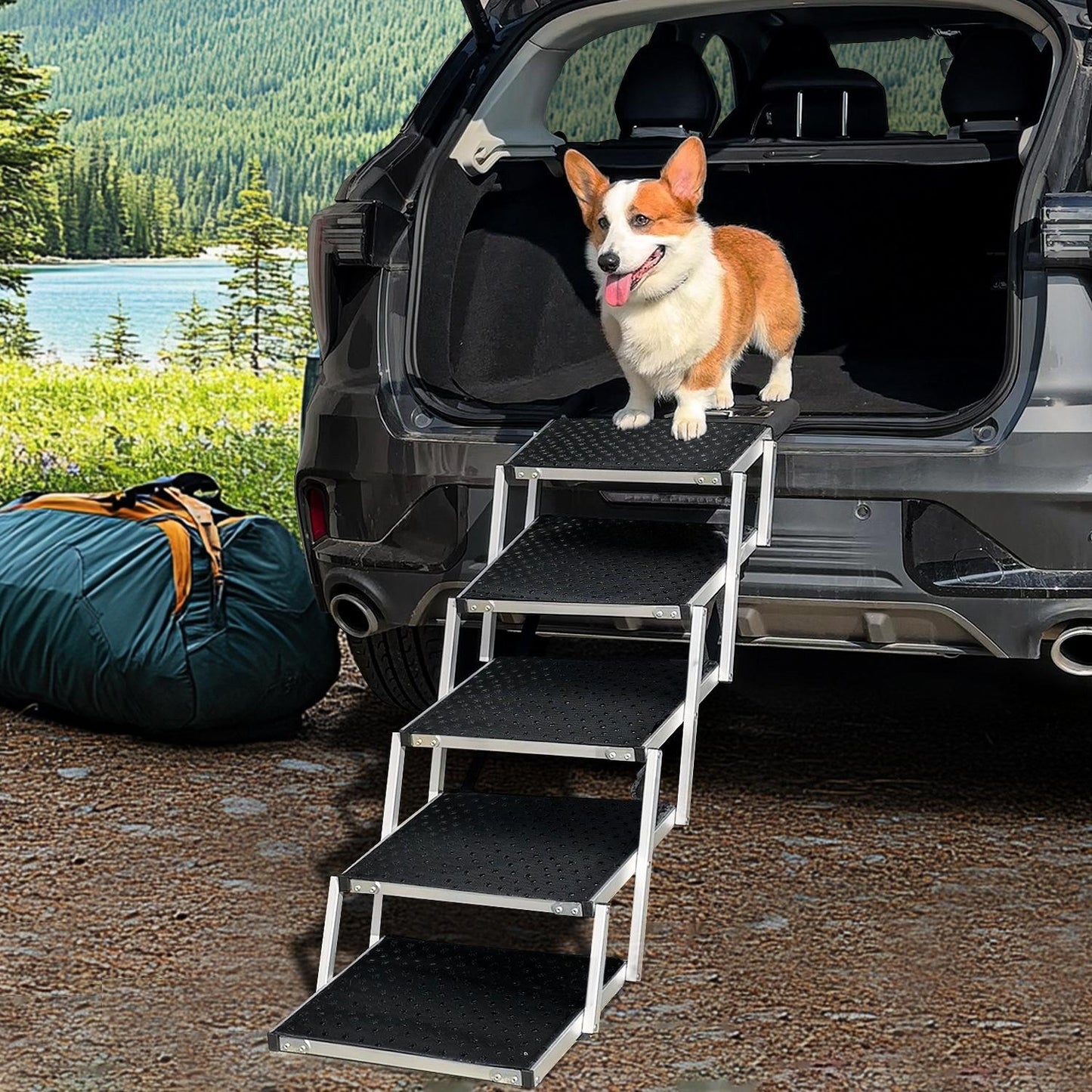 Lightweight Foldable Aluminum Dog Car Ramp | Portable Pet Stairs for Cars, SUVs, Trucks & Home Use