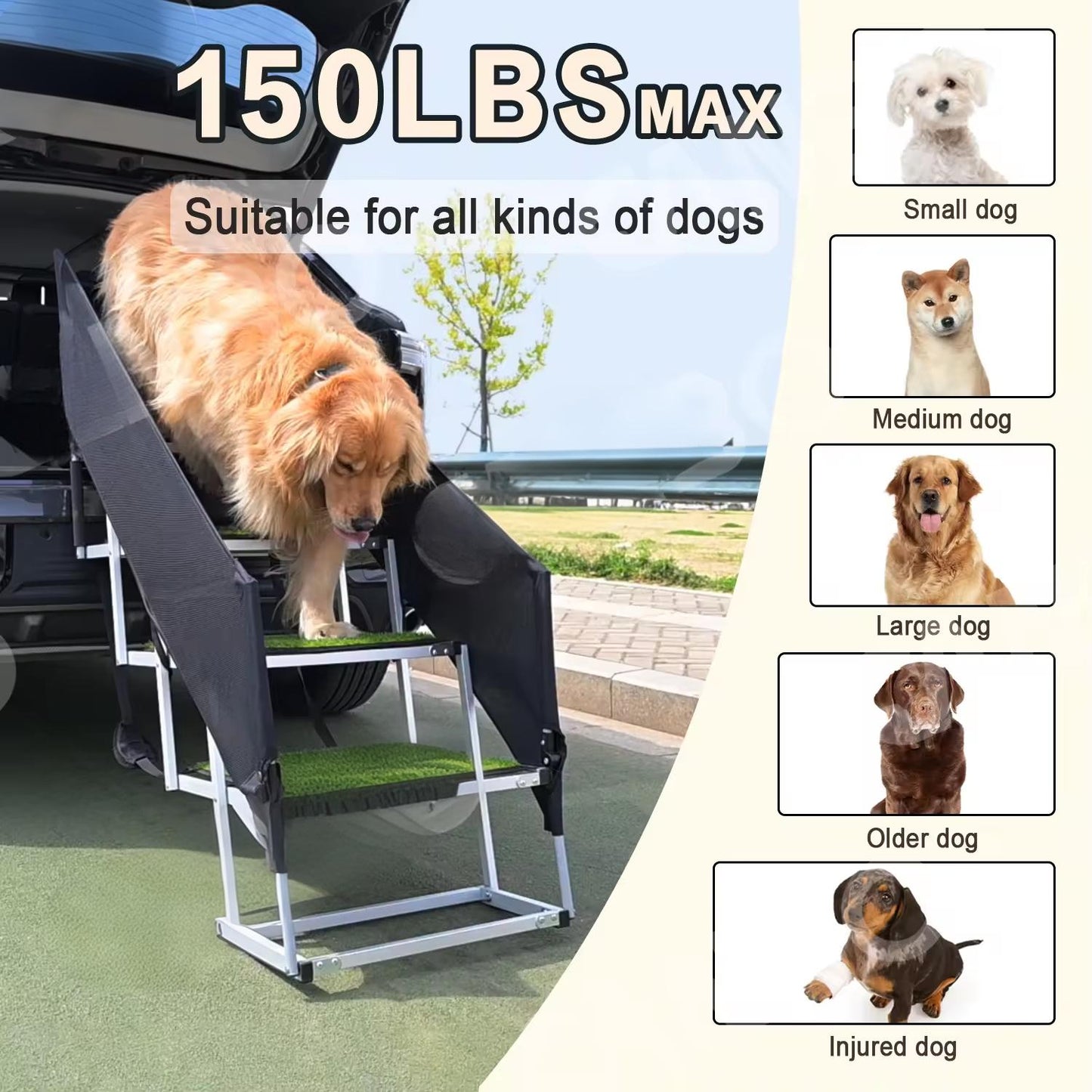 Heavy-Duty Outdoor Pet Ramp with Safety Handrails | Foldable Dog Car Ladder for Large & Medium Dogs – Non-Slip, Portable, Travel-Friendly